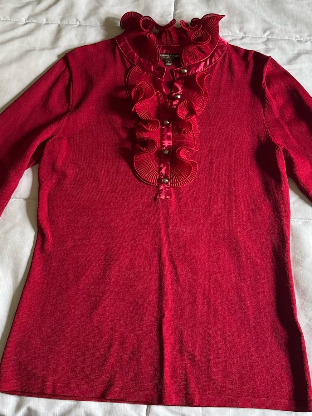 Adrienne Vittadini Red Ruffled Collar Women's Knit Top 3-4 Sleeves Sz M